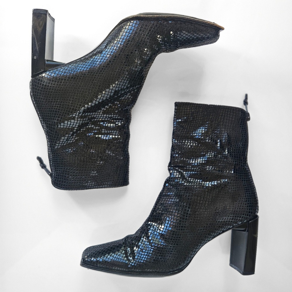 Stuart Weitzman Black Snake Embossed Leather Square Toe Block Heel Boots 8.5 AA